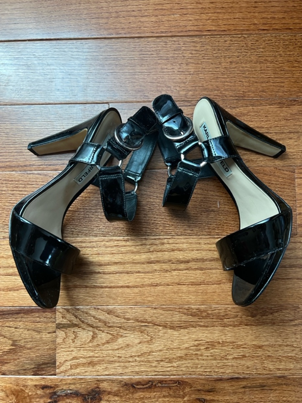 Karl Lagerfeld Black Patent Ankle-Strap Stiletto Sandals - Picture 9 of 15